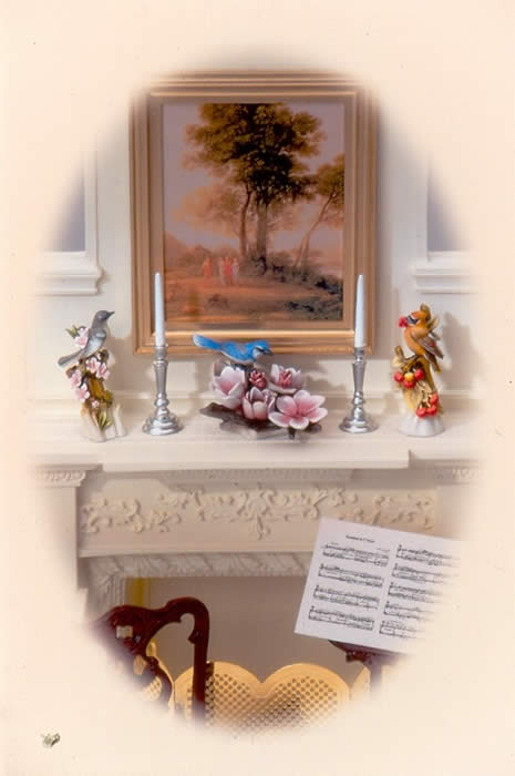 Fireplace Mantel Scene with 3 Birds