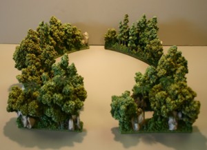 Tree Accessory Pack #1 showing six clusters of trees in their approximate positions when placed on the platform base.